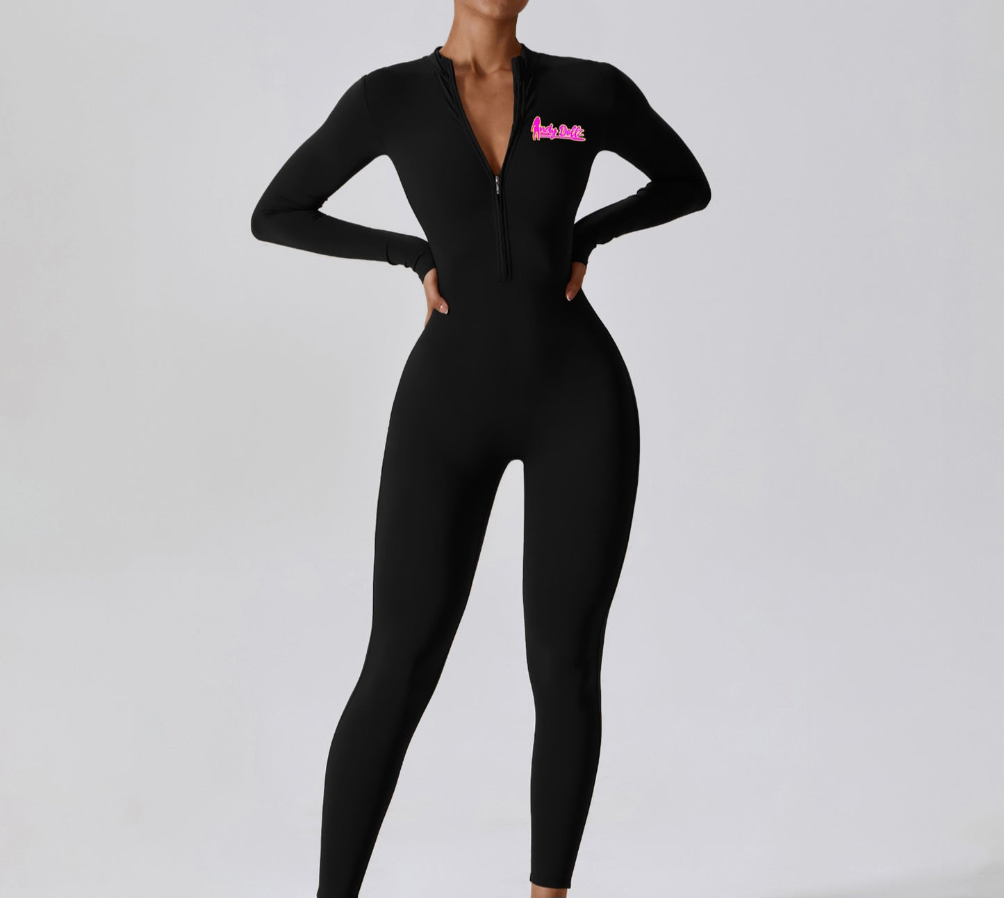 IndyDollz “Limited Edition” Snatched Long Sleeve Jumpsuit- Black/Signature Pink